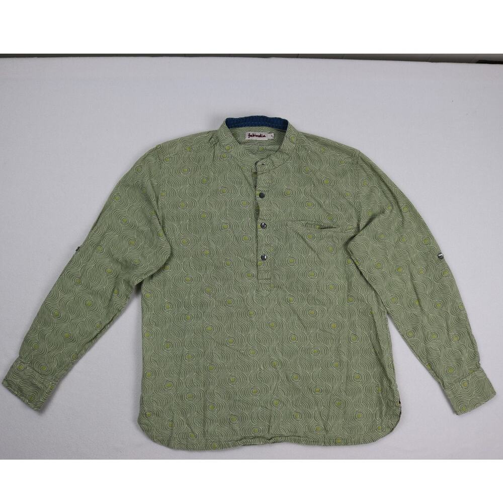 Fabindia Mens Small Green Printed Kurta Shirt Long Sleeve Collarless Casual S